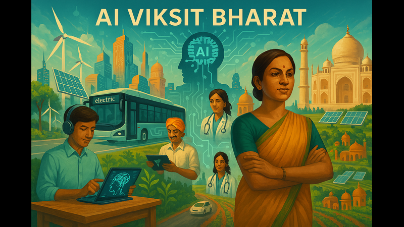 AI VIKSIT BHARAT. A collage representing technology in India. A woman in an orange sari stands with crossed arms on the right. In the center, a blue silhouette of a head contains a brain circuit pattern with the text "AI". An electric bus drives on a road. A man works on a laptop showing a brain scan. Two doctors are depicted in the background. Wind turbines, solar panels, and the Taj Mahal are also visible.