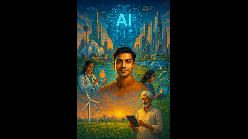 AI. A vertical composition focusing on a young man in the center. Above him, a large digital blue face with "AI" on the forehead overlooks a city skyline. To the left, a doctor looks at a hologram of a human heart. To the right, a woman works on a laptop. At the bottom, a farmer in a turban uses a tablet in a green field. Wind turbines and solar panels are in the background.