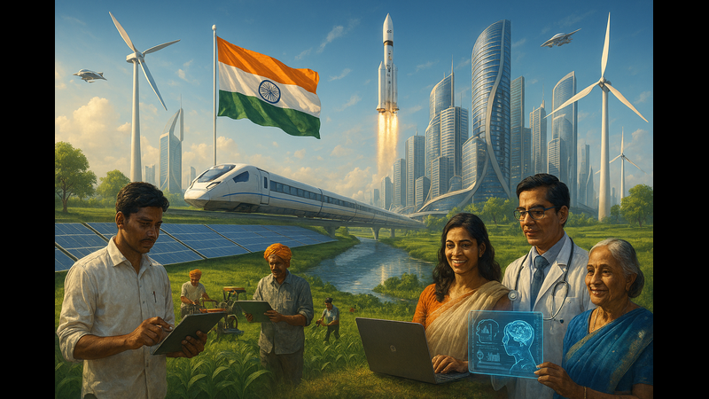 A futuristic vision of India. An Indian flag flies high in the foreground. A large white rocket launches into a blue sky near a cluster of futuristic curvilinear skyscrapers. A high-speed train travels on a bridge over a river. In the foreground, a farmer with a tablet, a woman with a laptop, a male doctor, and an elderly woman smile. Solar panels and wind turbines are visible in the green landscape.