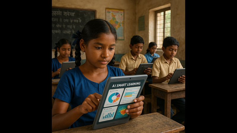 AI SMART LEARNING. A classroom setting focusing on a young girl holding a tablet. The tablet screen displays "AI SMART LEARNING" with various data charts. Other students sit at desks using tablets in the background. A rustic classroom environment with a blackboard containing Hindi text is visible.