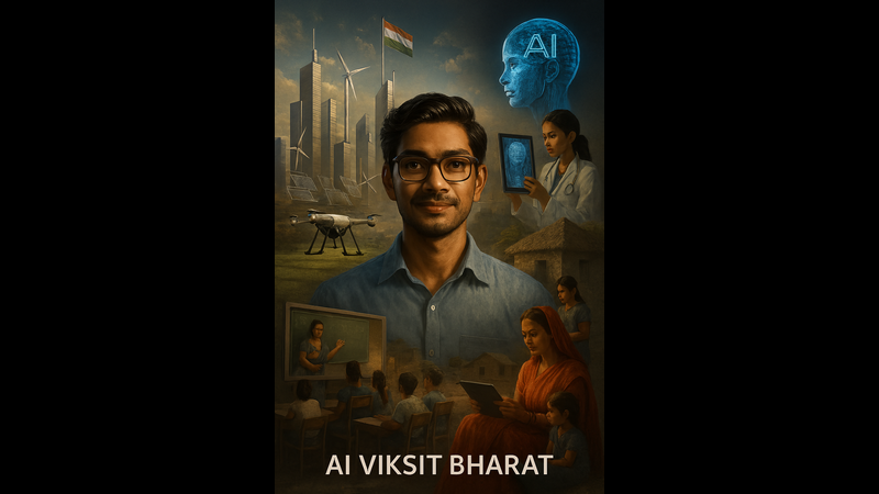 AI VIKSIT BHARAT. A poster with a central portrait of a smiling young man wearing glasses. A blue holographic head with the text "AI" floats in the upper right. Below it, a female doctor holds a tablet showing a scan. Other scenes include a drone in a field, a classroom setting, and a rural home. Text "AI VIKSIT BHARAT" is at the bottom.