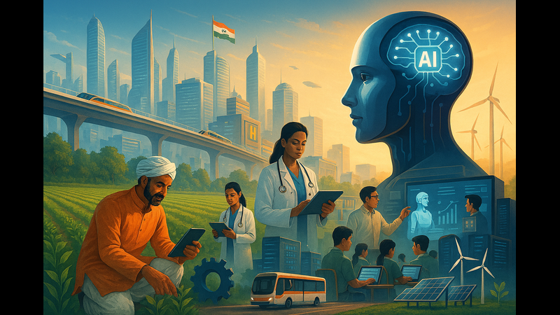 AI. A composite image showing various sectors of development. On the right, a large blue profile of a cyborg head features a brain with "AI" text. In the foreground, a farmer uses a tablet in a field. A female doctor stands in the center. Background elements include a high-speed train, a modern city with the Indian flag, wind turbines, and an electric bus.