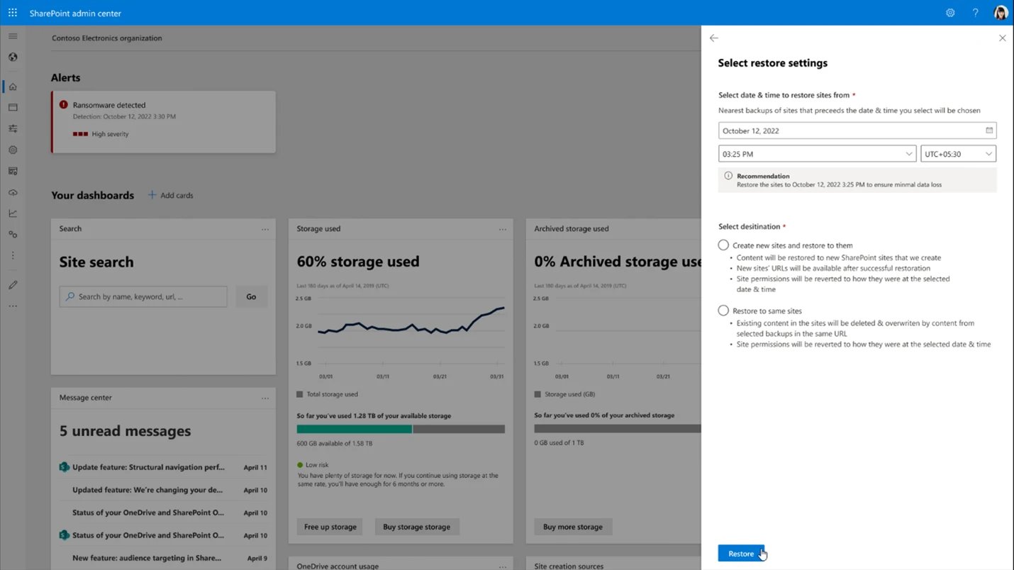 The user interface of SharePoint Admin Center, to select restore settings including date and time.