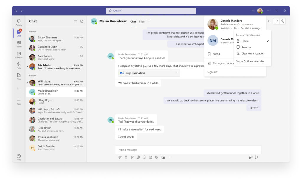 Hours and location feature allows people to specify if they will be joining a meeting in the office or remotely.