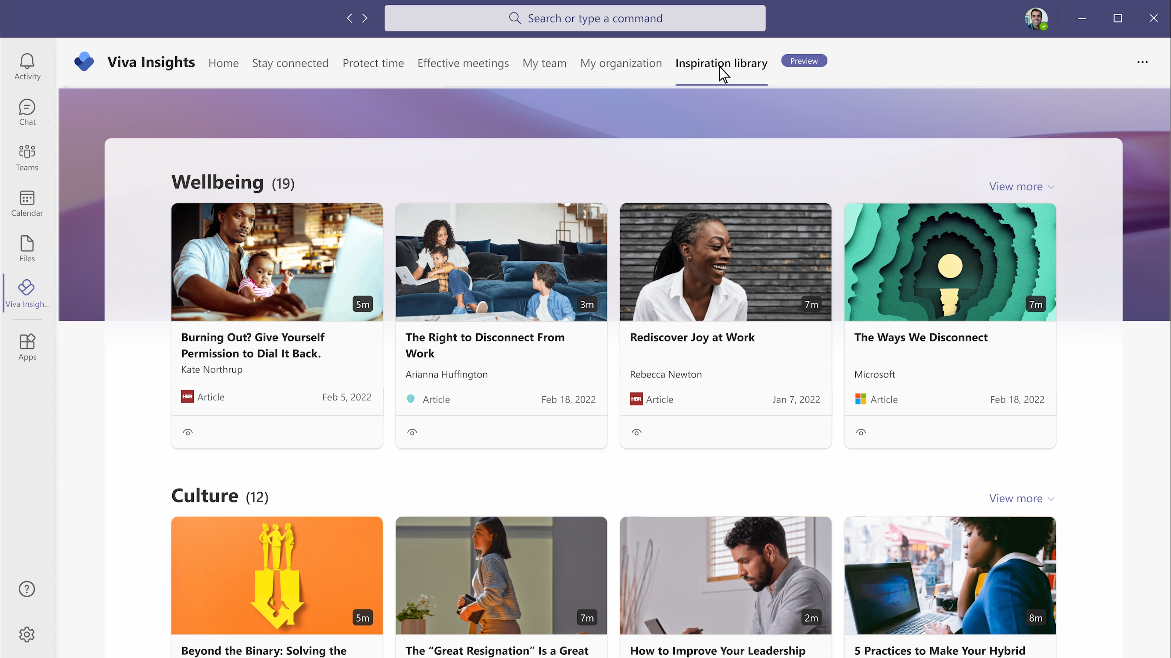 The Inspiration library, available in preview through the Viva Insights app in Teams, helps customers turn insights into action with access to thought leadership.
