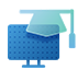 Computer monitor with mortarboard in blue and teal.