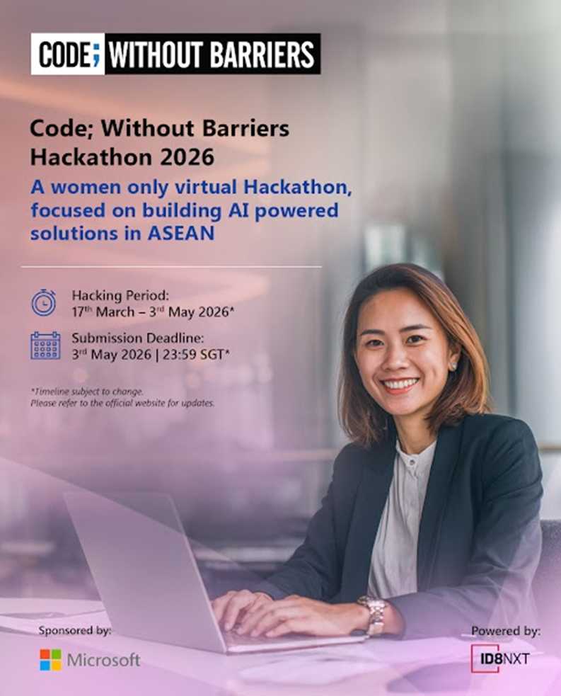 Poster for Code; Without Barriers Hackathon 2026, a women-only virtual AI hackathon in ASEAN (Mar 17–May 3, 2026), featuring a woman working on a laptop.