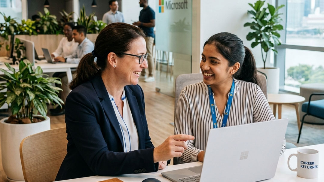 Two colleagues collaborating on a laptop at a shared desk in a modern office.
