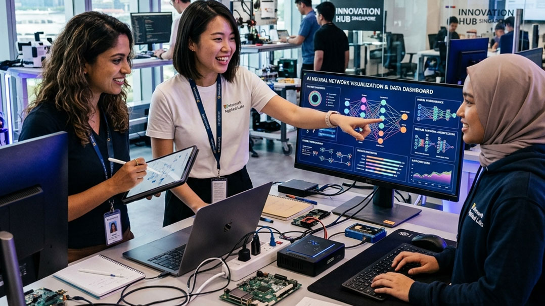 Colleagues collaborating at a workbench, reviewing an AI data dashboard on a monitor with laptops and development hardware on the table.
