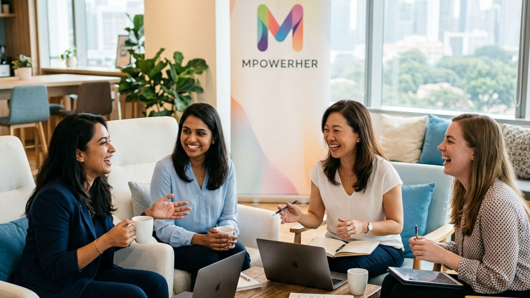 Colleagues collaborating with laptops and notebooks in a lounge‑style office space.