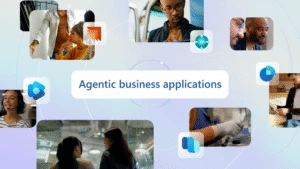 Collage of images with the text "Agentic business applications' in the center.