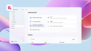 The Teach functionality in the Microsoft 365 Copilot app, showing options for modifying content, curriculum planning, and more.