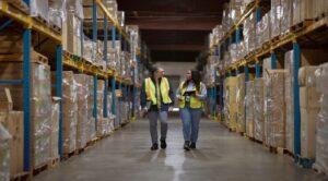 Warehouse workers walking through the aisle; manager reviewing and sharing data real time