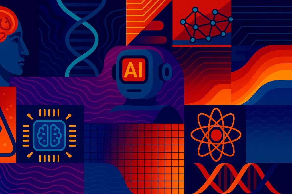 A colorful digital illustration featuring AI and technology symbols including a robot head with "AI" text, DNA helixes, neural networks, brain circuits, and atomic symbols in vibrant blue, red, and orange colors.