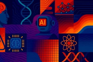 A colorful digital illustration featuring AI and technology symbols including a robot head with "AI" text, DNA helixes, neural networks, brain circuits, and atomic symbols in vibrant blue, red, and orange colors.