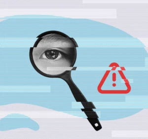 Magnifying glass eye with warning symbol on digital cloud.