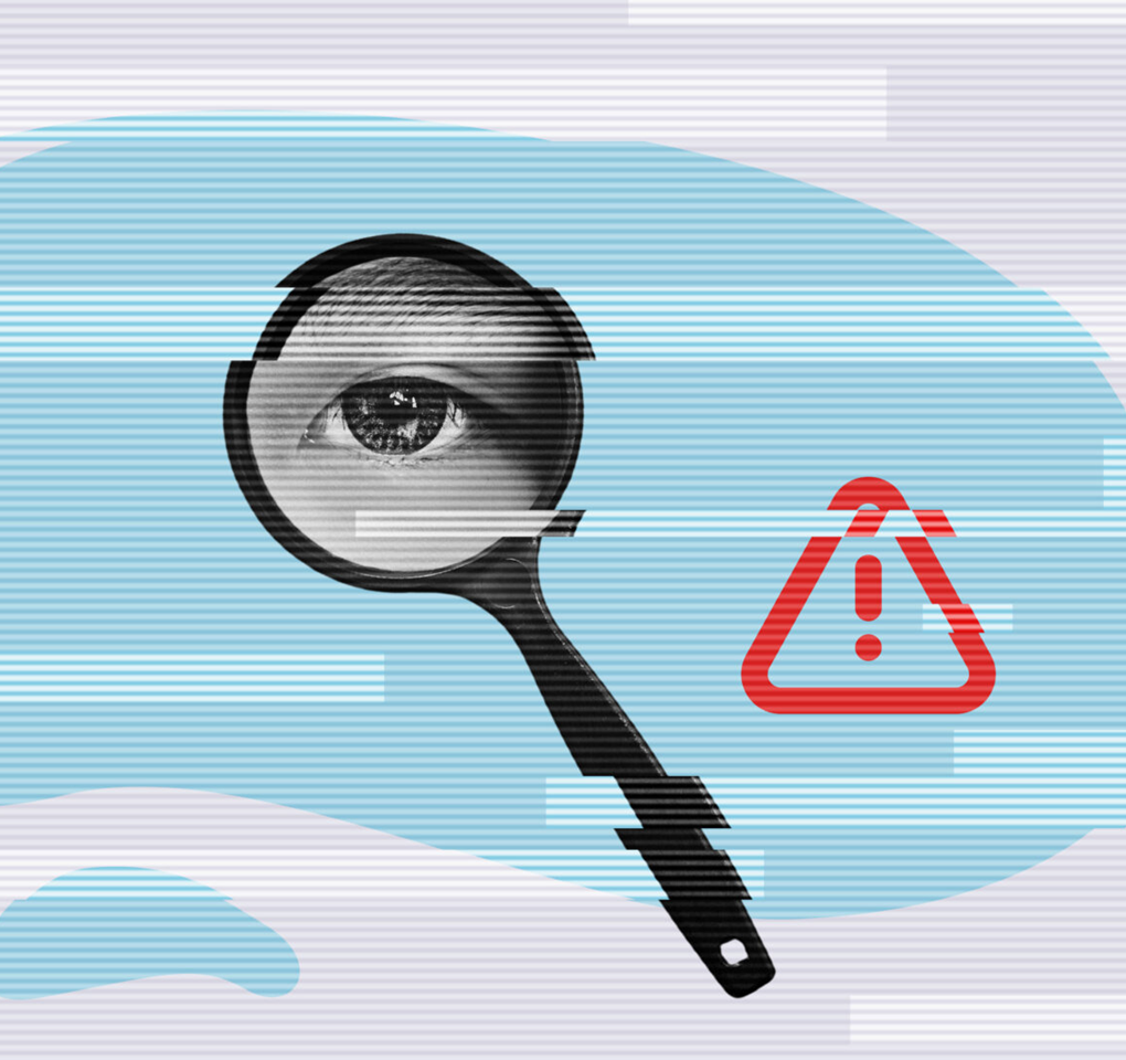 Magnifying glass eye with warning symbol on digital cloud.