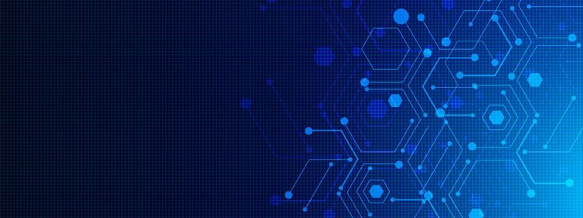 Abstract blue technological background with interconnected hexagons and dots, transitioning from dark to bright blue.