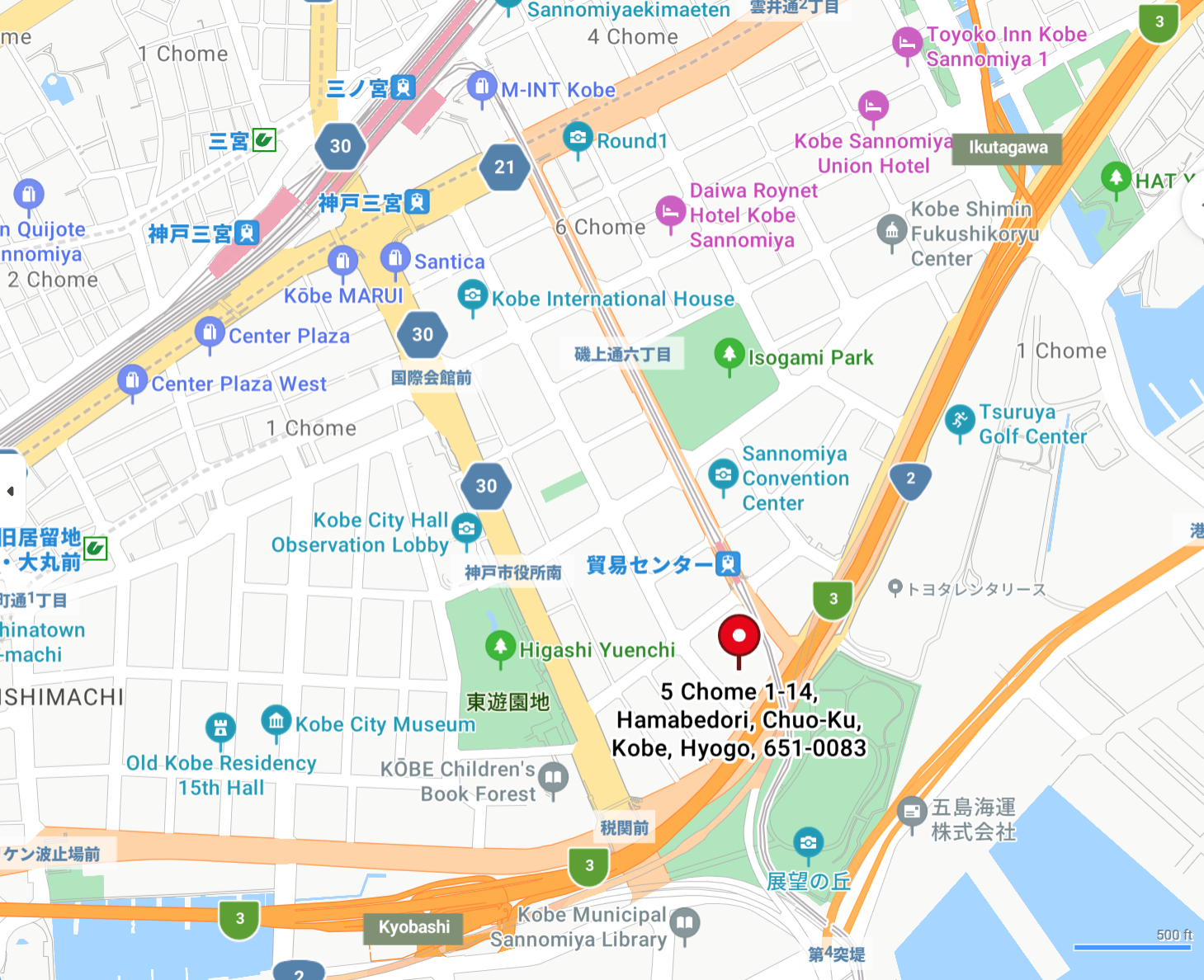  Map of Kobe Shinkocho area showing landmarks like Kobe City Museum, Minato no Mori Park, and Kobe Municipal Sannomiya Library.