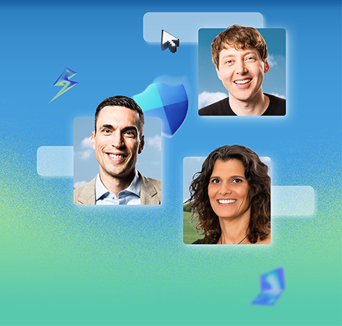 Three smiling headshots on a blue-green gradient background, accented by digital icons including a mouse cursor, lightning bolt, shield, and laptop.