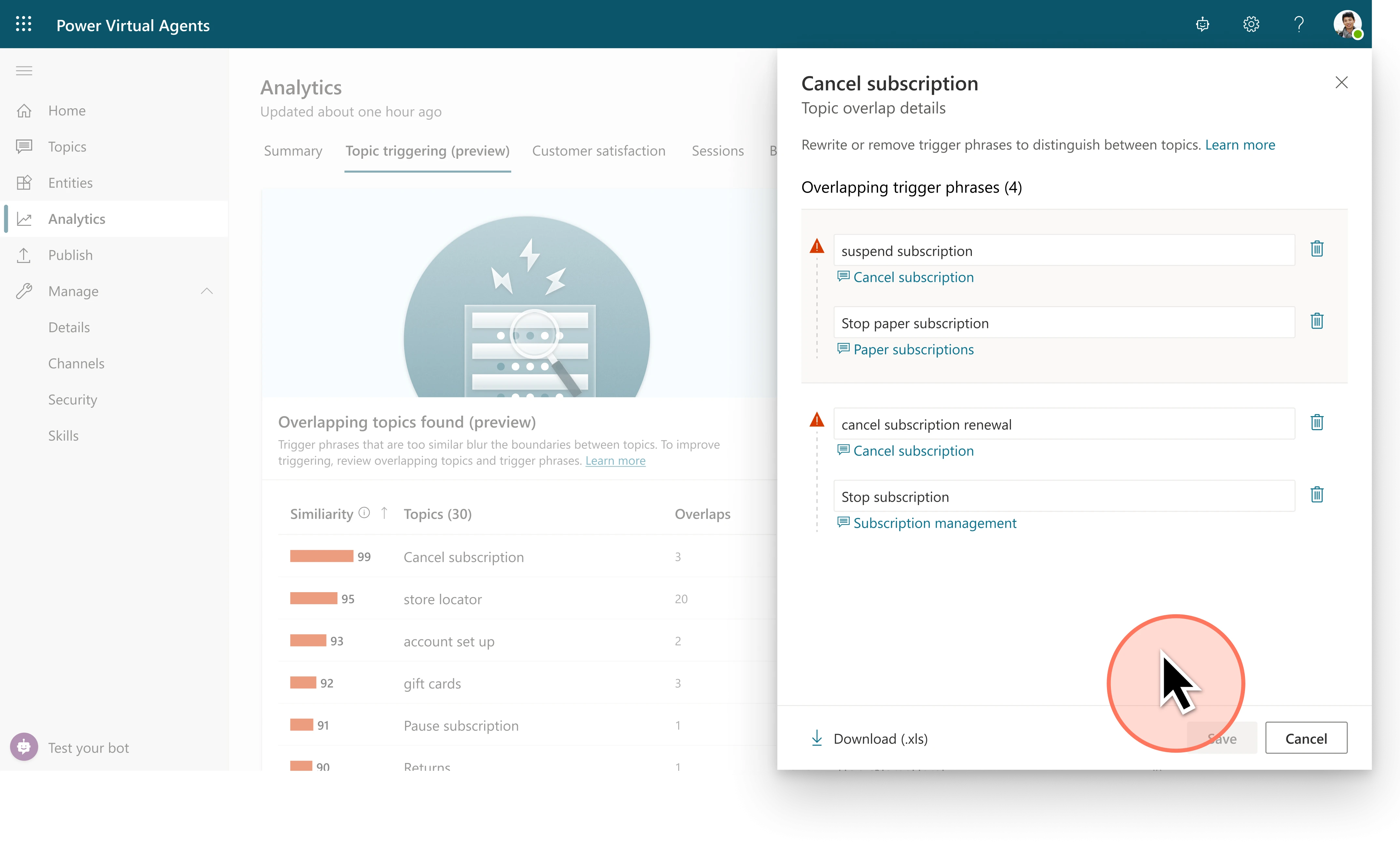 An AI-powered topic overlap detection (preview) tool will be provided to help customers reduce topic overlaps. Using this tool, bot makers can quickly identify the trigger phrases that are currently confusing the bot and allow to adjust them accordingly.