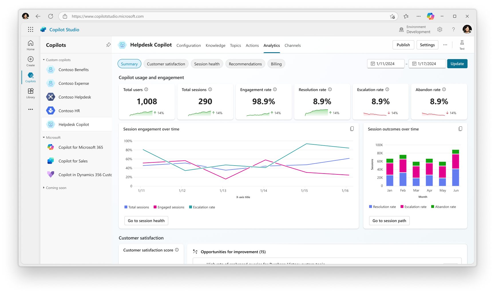 Screenshot of the conversational analytics experience in Microsoft Copilot Studio