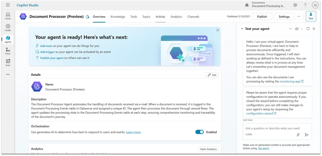 Screenshot of the Document Processor agent in Copilot Studio, using Dataverse