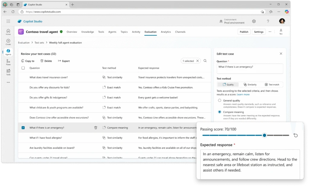 A helpdesk agent in Copilot Studio where the user is editing a test case to define the passing score
