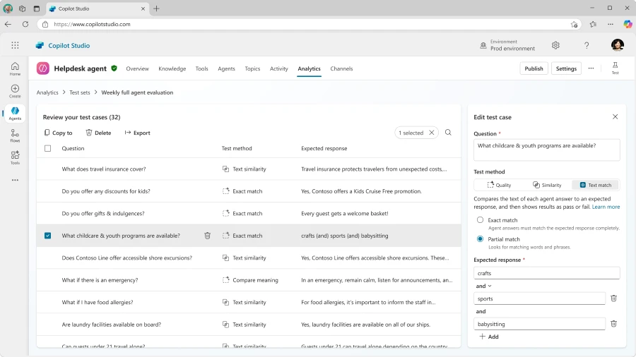 A screenshot of agent evaluations, showing a test set and match criteria.
