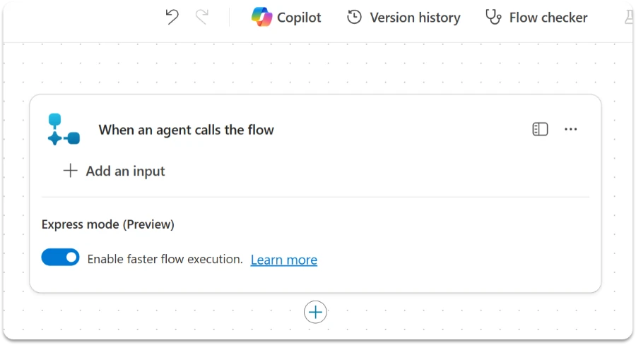 A screenshot of an agent flow's settings, with the "Express mode (preview)" toggle switched on.