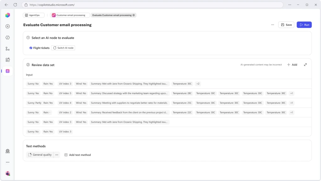 Evaluation screen for an AI node called “Flight tickets”.
