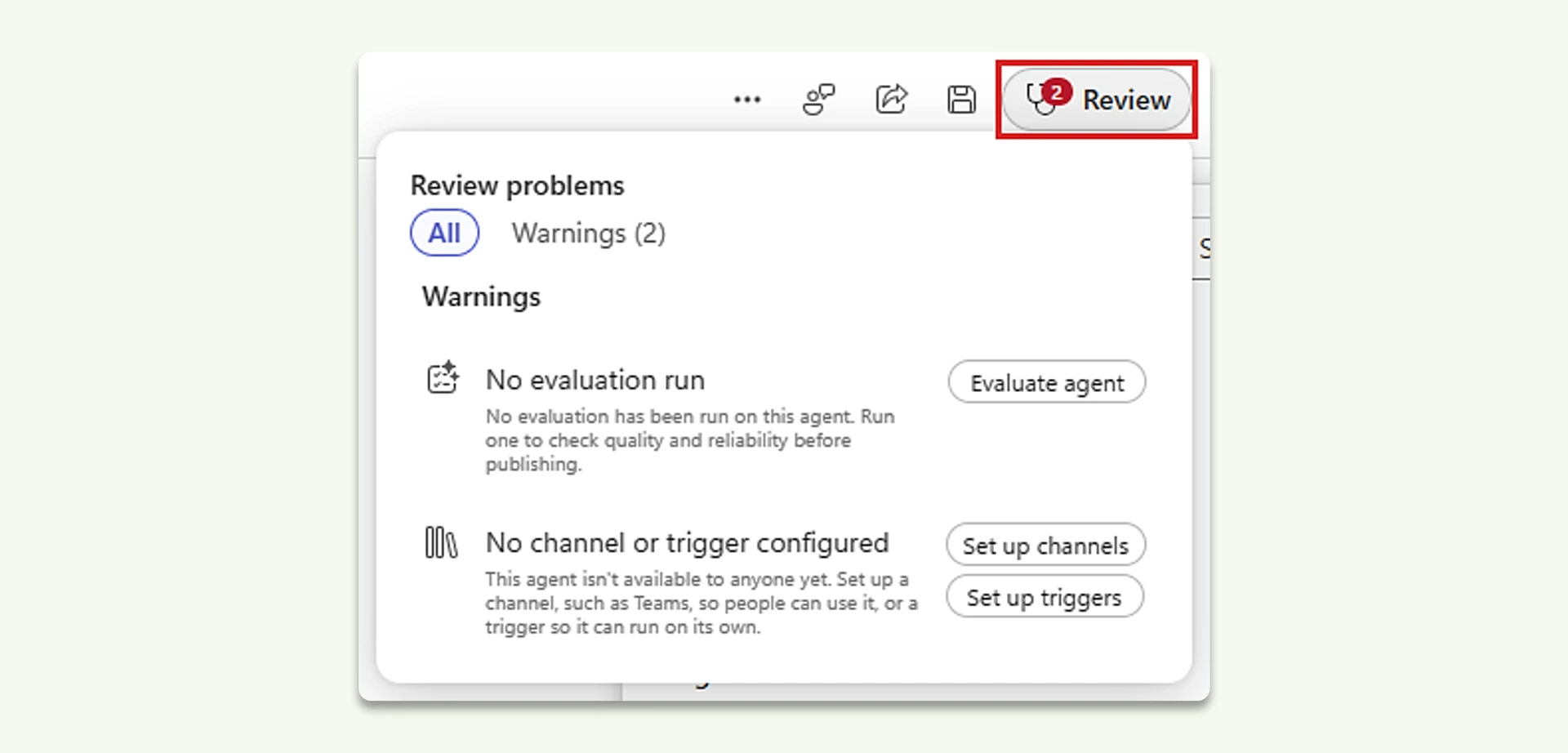 Copilot Studio Review panel displaying two agent setup warnings and recommended actions before publishing.