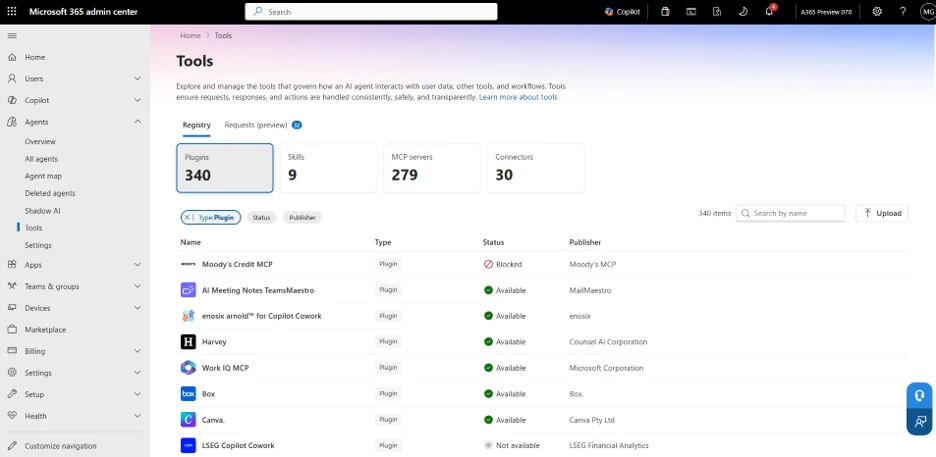 Screenshot of the plugin registry in the Tools tab of the Microsoft 365 admin center