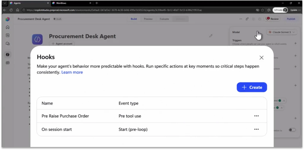 Screenshot of the hooks popup inside a Copilot Studio agent, showing existing hook names and event types as well as a “create” button