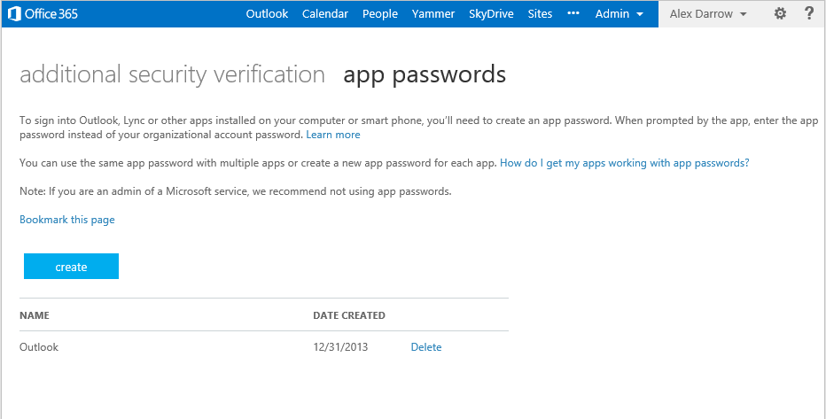 Multi-Factor Authentication app passwords menu
