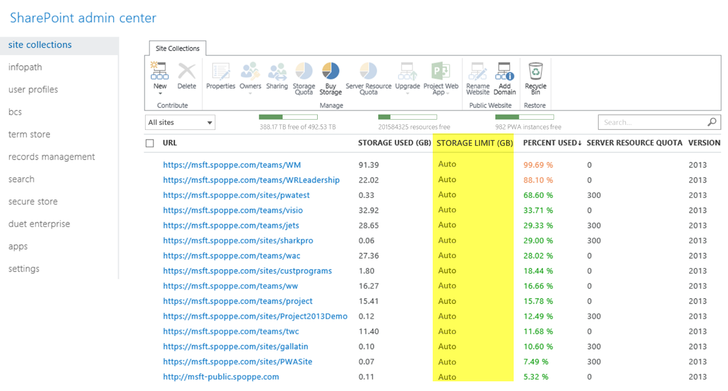 Auto for Site Collection Storage Management highlighted