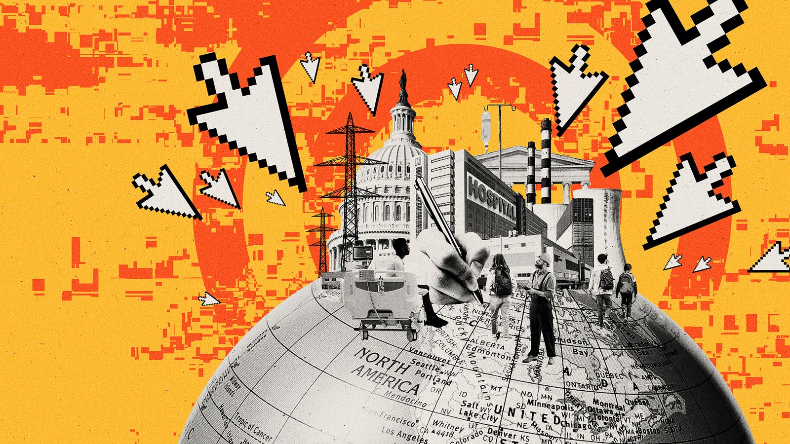 Stylized image of the U.S. Capitol sitting on a globe map, with multiple large cursor arrows pointing at it against a bright orange patterned background.