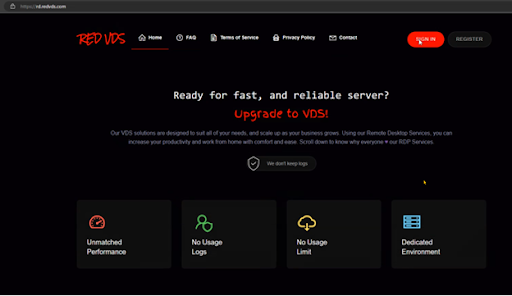 A screenshot of RedVDS&rsquo;s website, touting features like no usage logs and a dedicated environment.