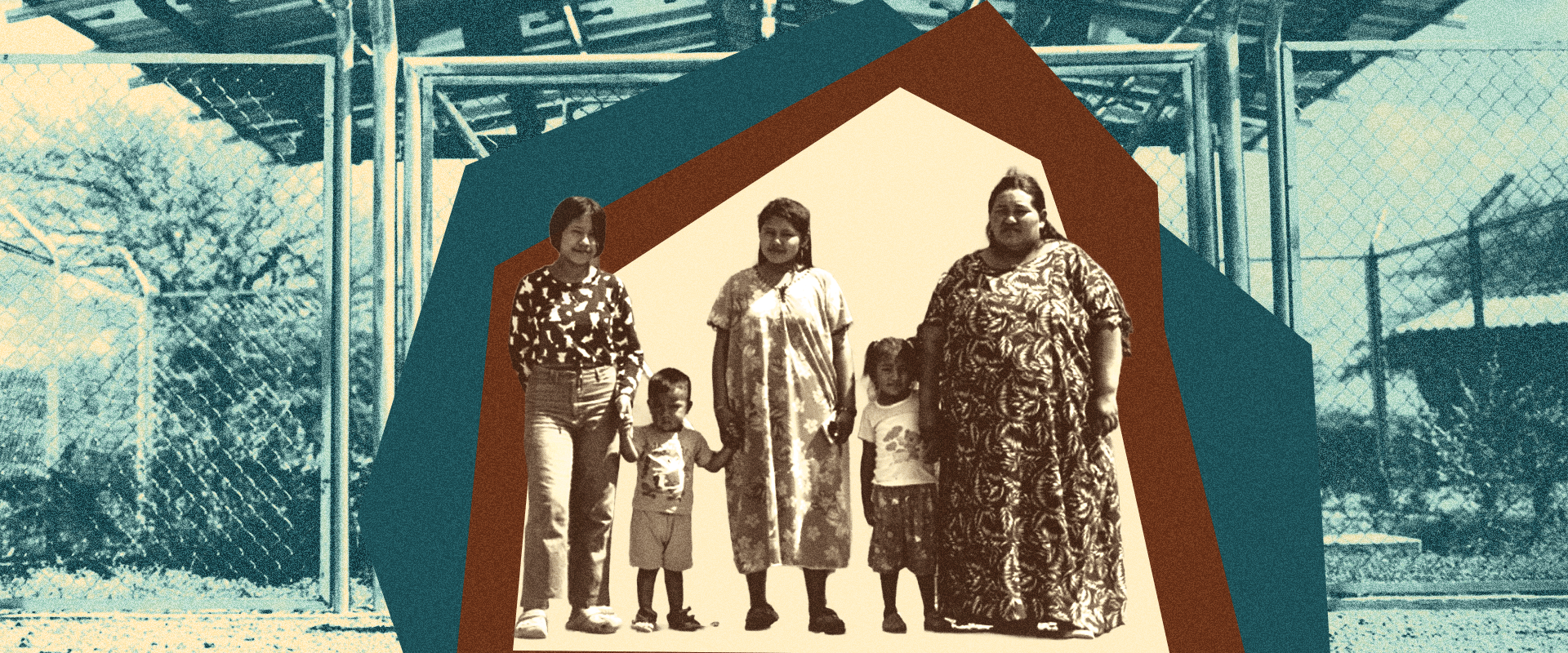 Sepia-toned collage of three women and two children in front of a solar panel structure.