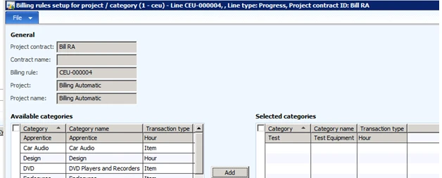 Billing rules setup for project / category.