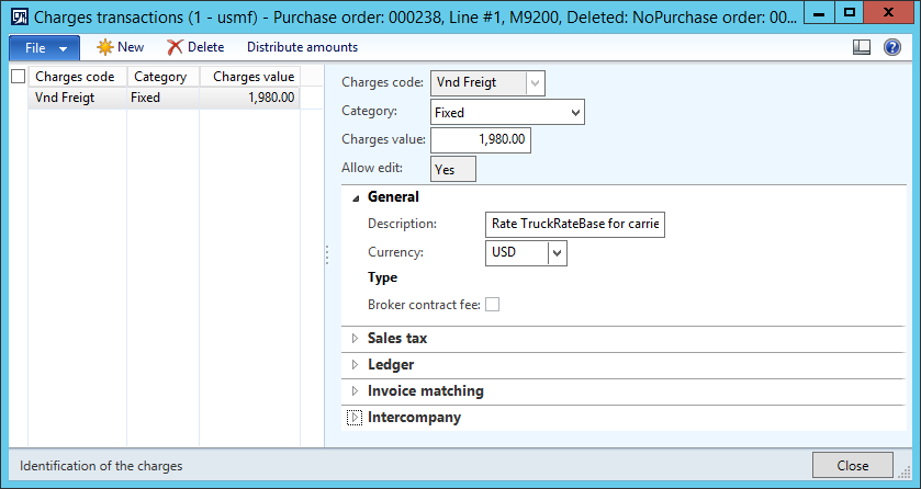 Purchase order transportation charges.