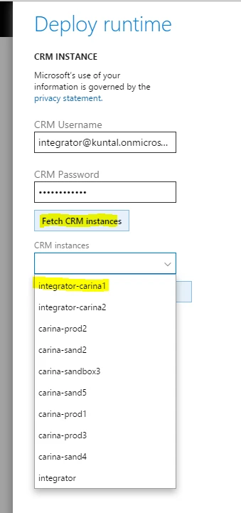 Selecting CRM organization.