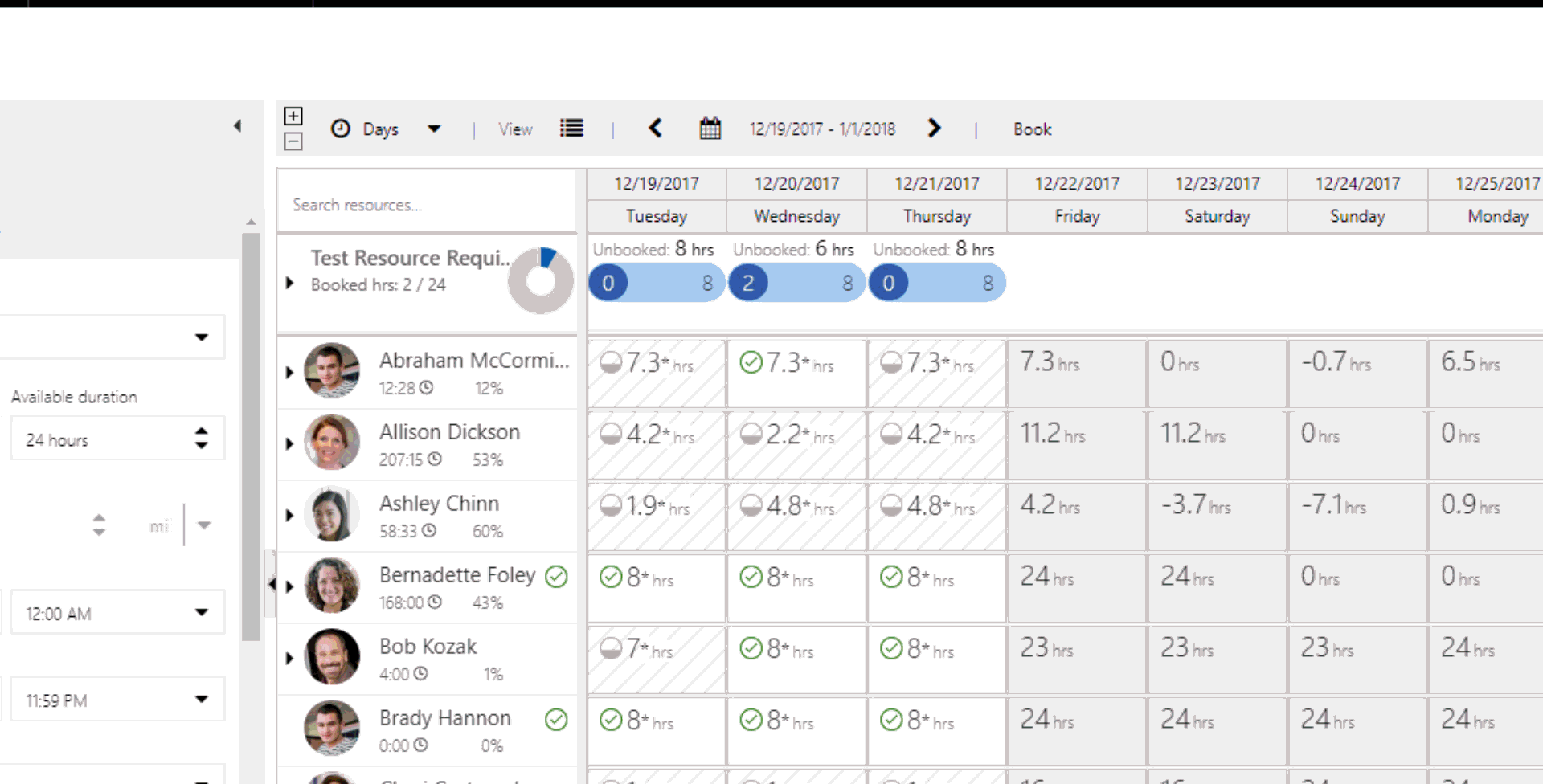 Requirement hours remaining to be booked