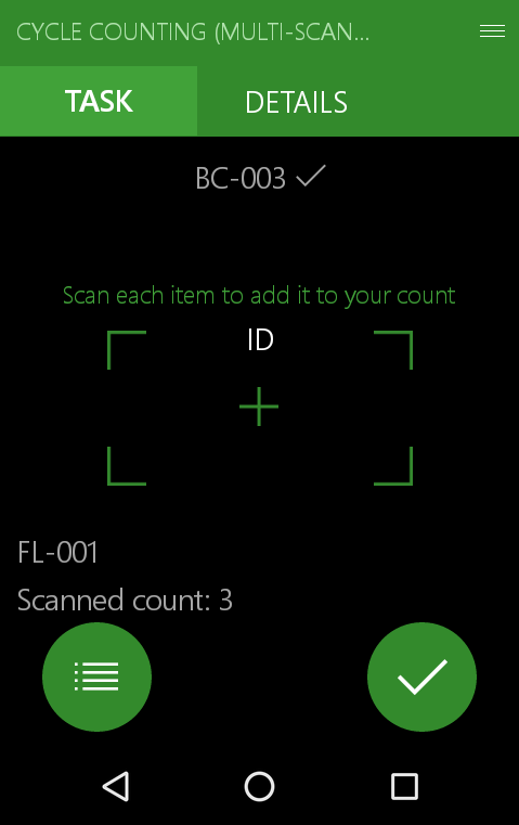 Screen indicating scanned count: 3