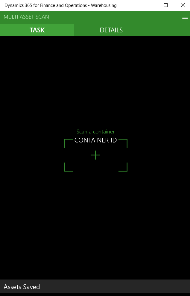 Screen showing assets were saved