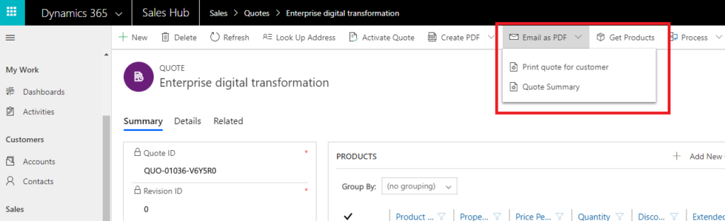 Email as PDF button in toolbar of quote form