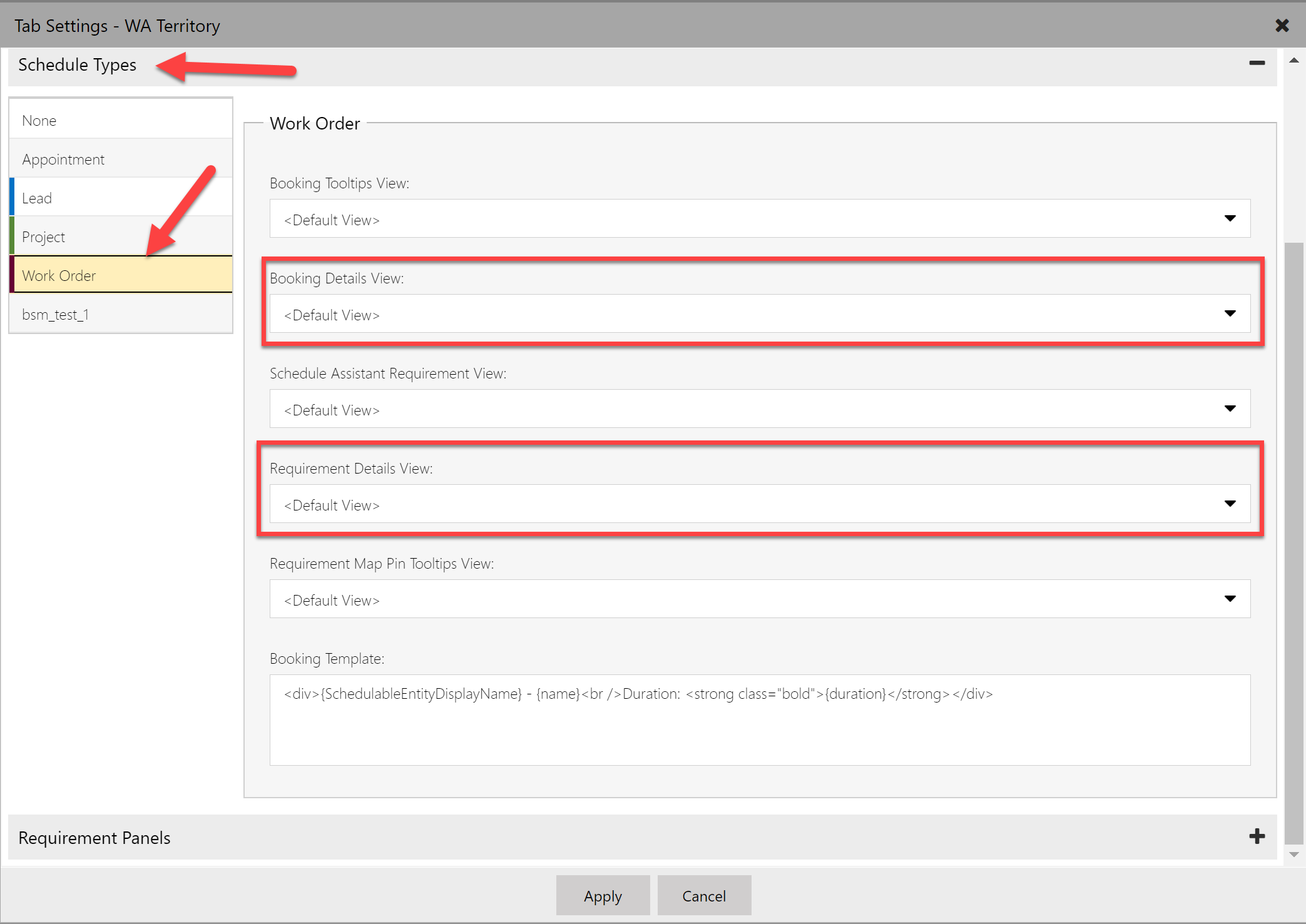 Schedule board settings in schedule types section showing how to change the details view for booking details and requirement details for each schedulable type