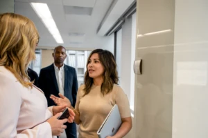 Two coworkers standing in the hallway.