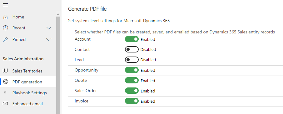 Screen shot of PDF generation settings page of Sales Hub app module.
