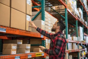 Male worker using phone and checking boxes in warehouse. Phone screen not visible.